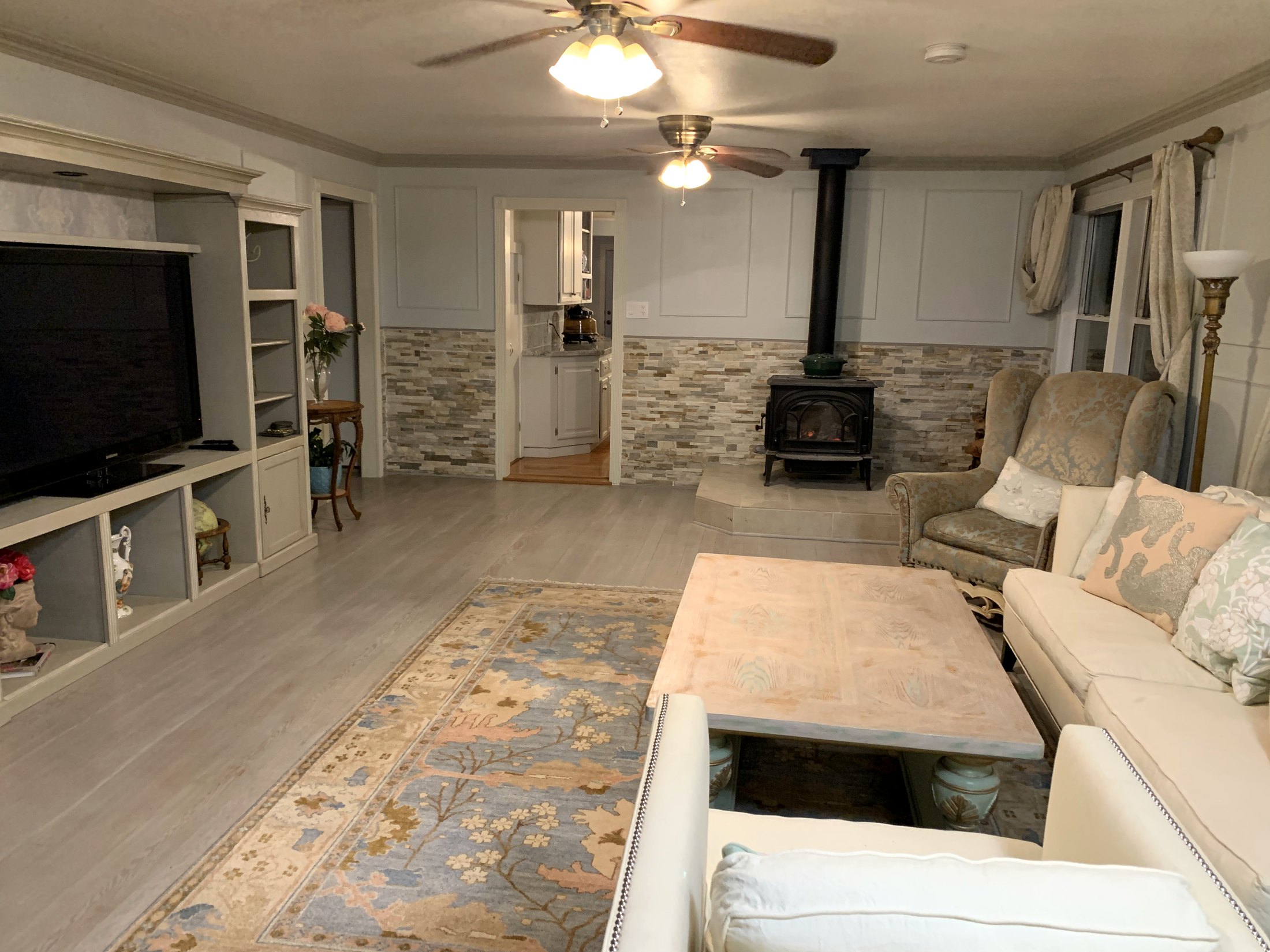 Finished California farmhouse living room