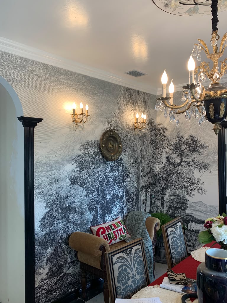 Completed Ocala formal dining room with scenic mural and restored chandelier