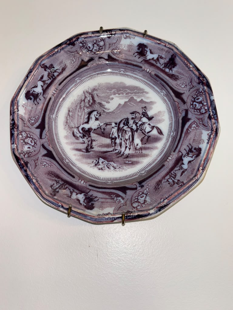 Antique equestrian transferware plate in a light purple tone