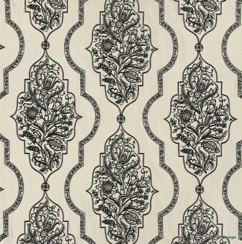 Close view of the black botanical and filigree Regent silk pattern